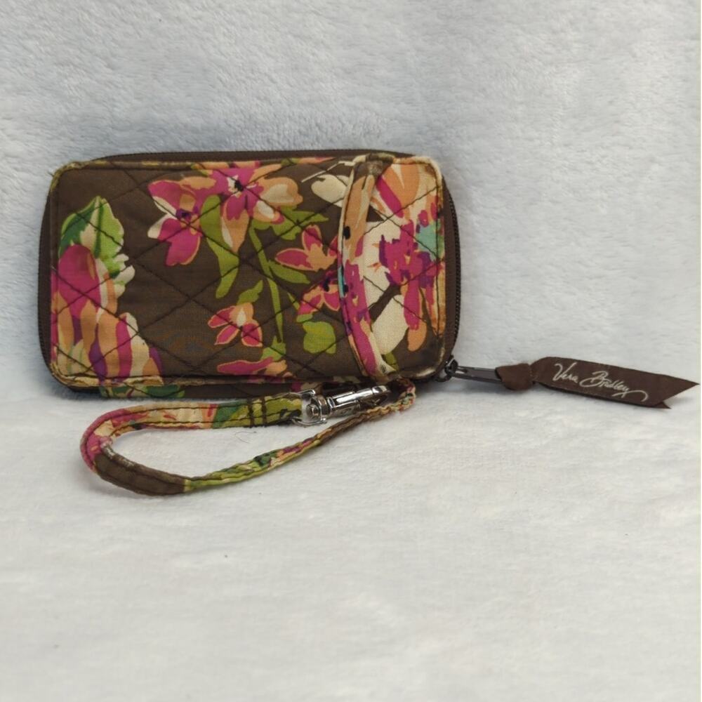 Vera Bradley Wristlet Wallet Brown Floral Quilted Zip Around Card Holder